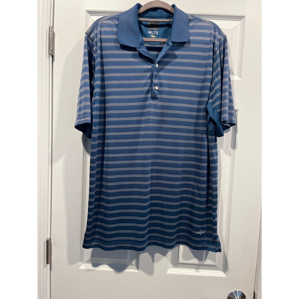 Greg Norman ML75 Play Dry Golf Polo Shirt Mens Large Blue Striped Short Sleeve